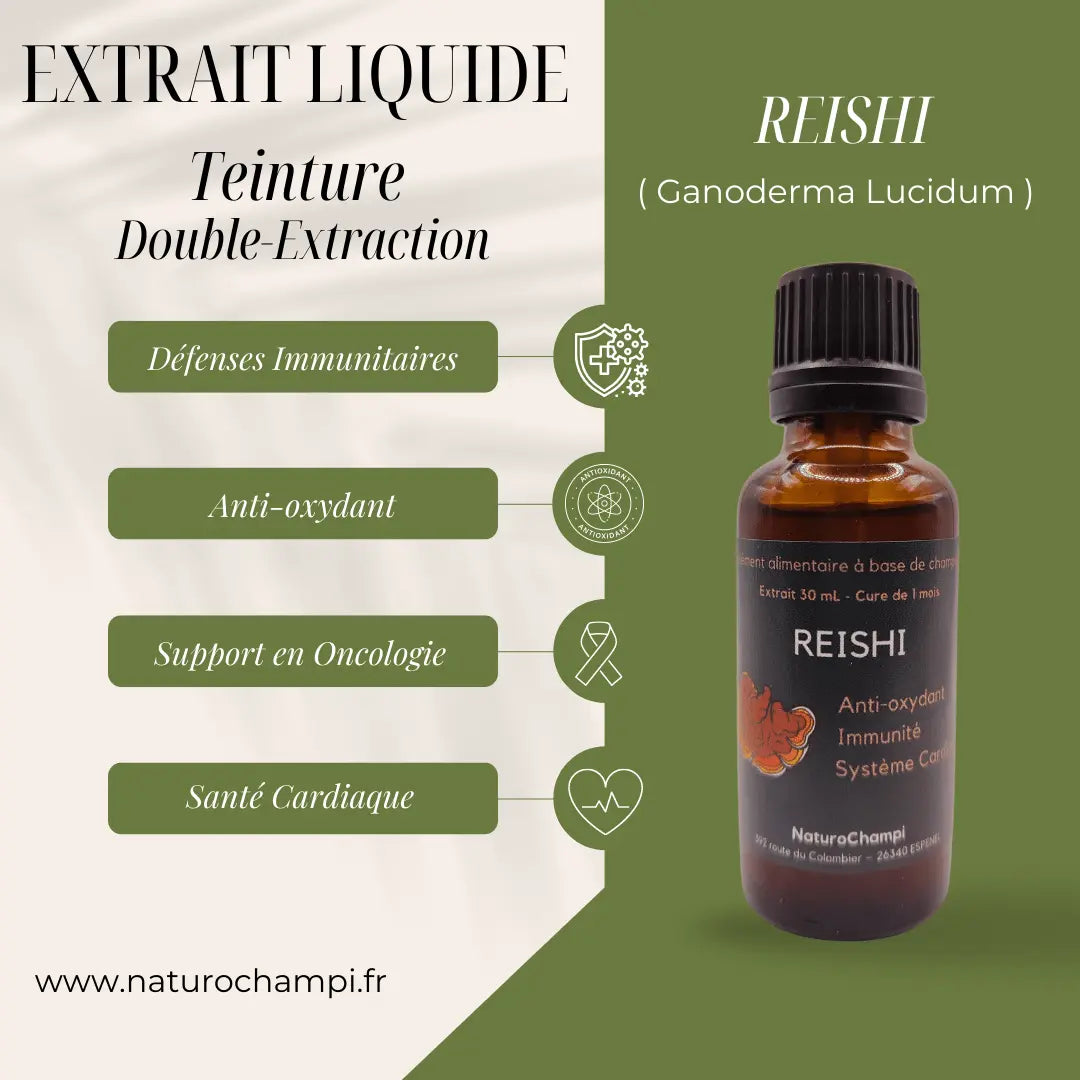 Reishi, Extrait liquide Ganoderma Lucidum. Complément alimentaire à base de champignon cultivé en France. NICE ORGANIC herboristerie bio
